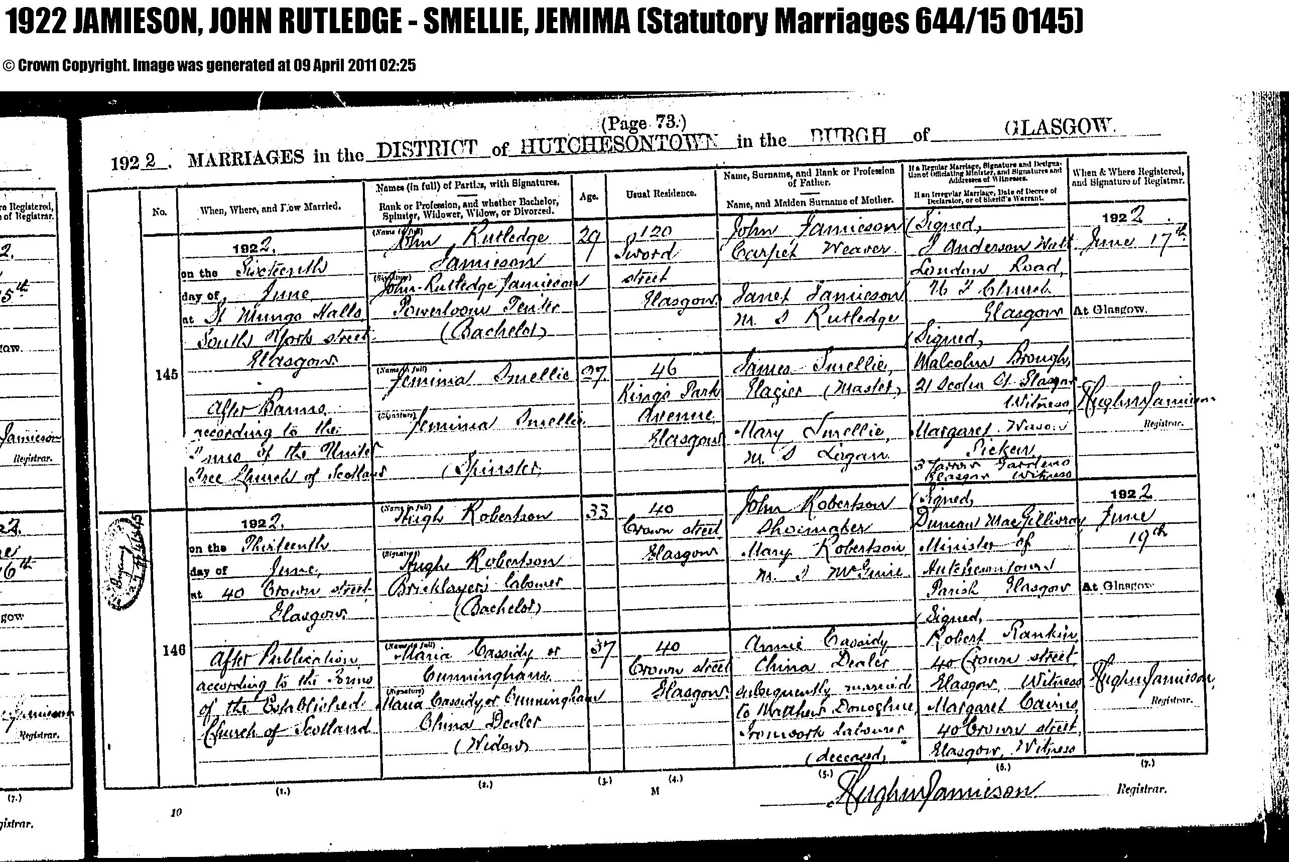 Scotland Statutory Register Marriages